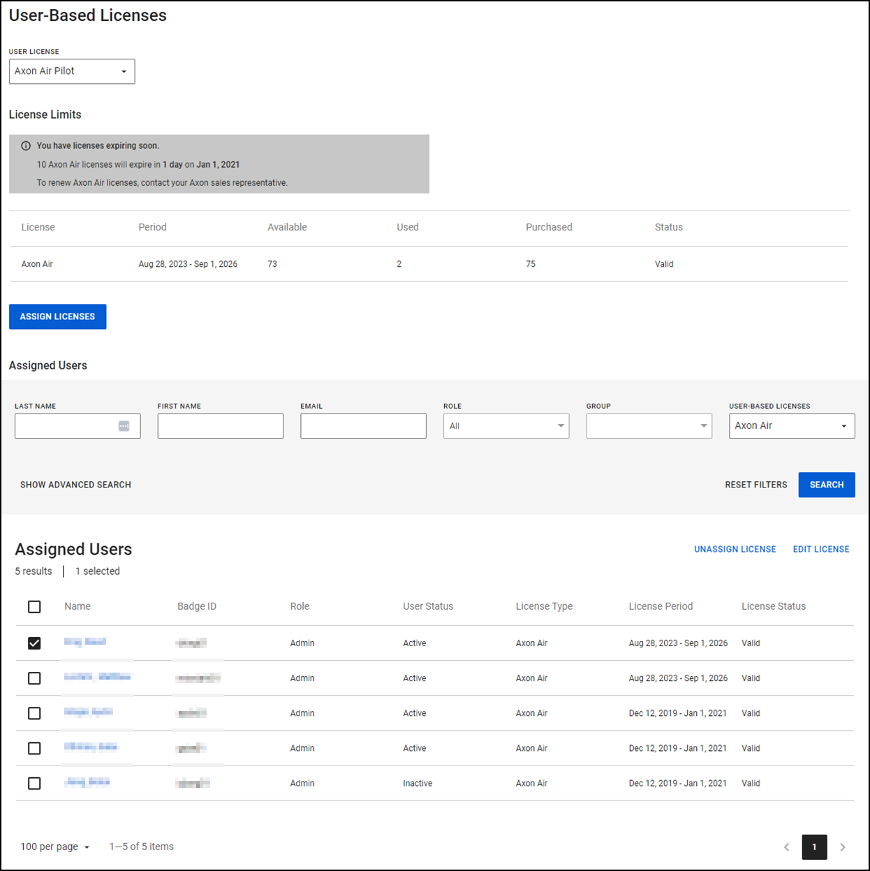 Manage pilot licenses on Axon Air