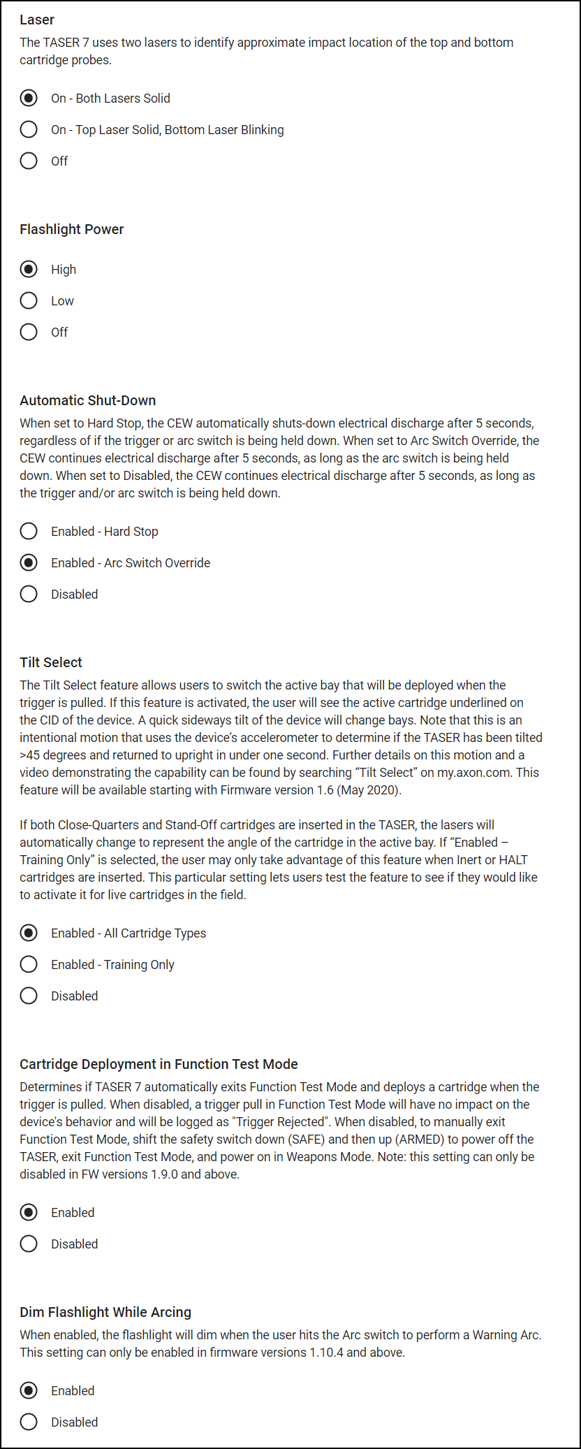 TASER device settings