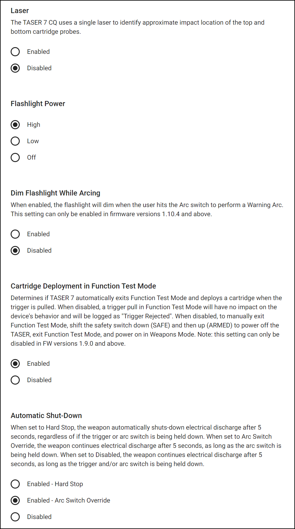 TASER device settings