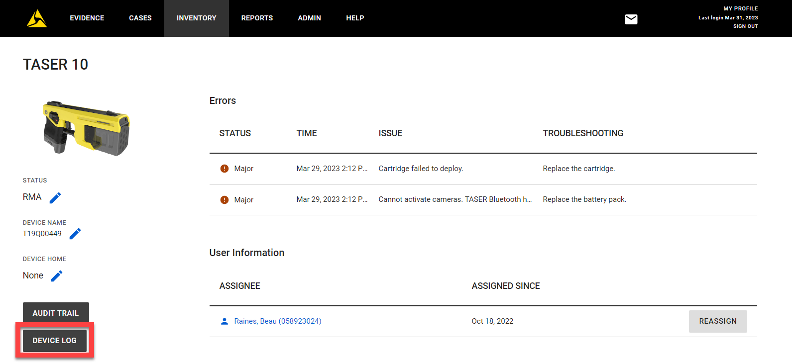 TASER 10 Device Logs